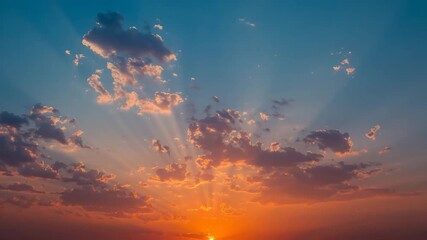 Wide view of vibrant sunset with colorful clouds soft natural light illuminating warm orange golden hues and rays emanating across the sky in a serene outdoor landscape - Powered by Adobe