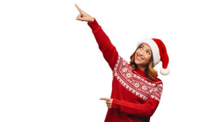 Smiling Woman in Santa Hat pointing up  Christmas Holiday Gesture Isolated on white background