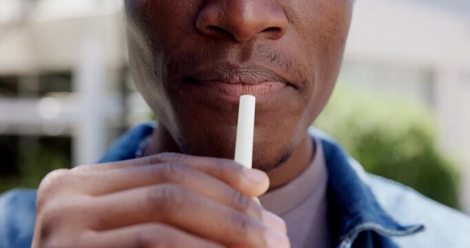 Outdoor, mouth and hands with straw for drink, refreshing and happy for delicious flavor at college. Thirsty, student and person with smile for taste, hydration or beverage on campus and break