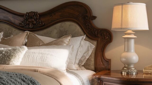 Close-up of an elegantly styled bed with decorative pillows soft textures and warm light set in a cozy bedroom highlighting fine wood craftsmanship and curated decor details.