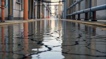 A reflective corridor with puddles, showcasing industrial pipes and architecture in a unique perspective.
