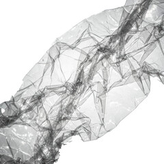 extreme macro photograph of highly crumpled, transparent cellophane plastic on a seamless white background, illuminated by dramatic rim lighting creating sharp specular highlights. concept of light