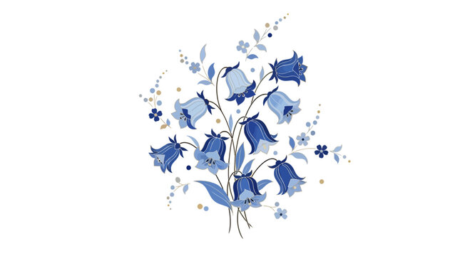 Elegant floral arrangement featuring bluebell flowers with ornamental folliage on a white backdrop