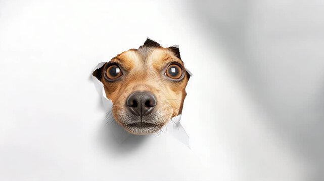 Close-up of a curious dog with brown fur and large round eyes peeking through a torn white paper backdrop showcasing texture contrasts and soft lighting in a minimalist setting.