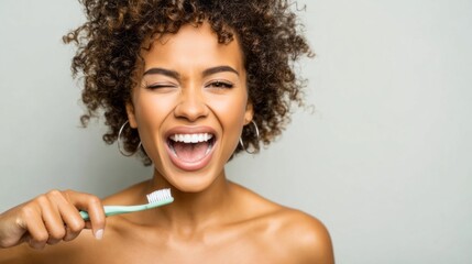 Obraz premium Happy young woman winking while holding a toothbrush, promoting oral hygiene and healthy teeth
