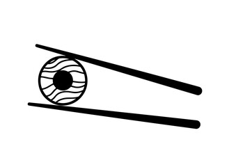 A bold monochromatic vector illustration depicts a stylized sushi roll with wavy internal patterns and a solid core, securely grasped between two angled chopsticks in a clean, minimalist design
