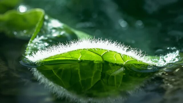 Close-up of vibrant green leaf floating on water surface showcasing delicate white hair-like structures and soft reflections under natural light with gentle ripples around and darker foliage