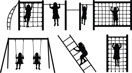 Children playground silhouette, outdoor activity, climbing and swinging, black vector, flat design, CAD drawing, fitness motion, rope structure, fun scene © Moskirul