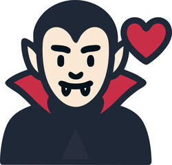 A cute cartoon vampire with fangs and a red heart floats beside him, creating a playful spooky-romantic vibe.