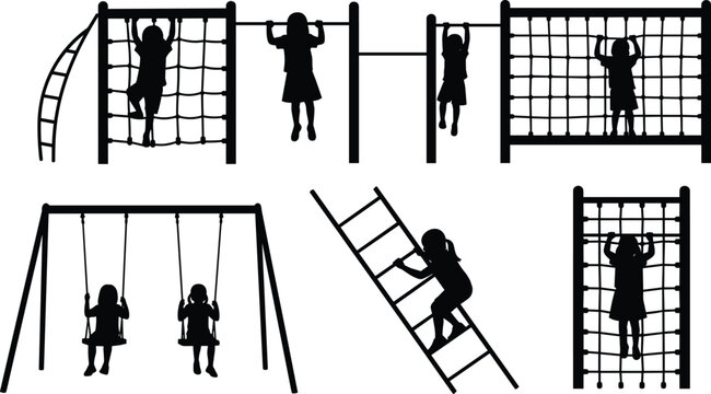 Children playground silhouette, outdoor activity, climbing and swinging, black vector, flat design, CAD drawing, fitness motion, rope structure, fun scene