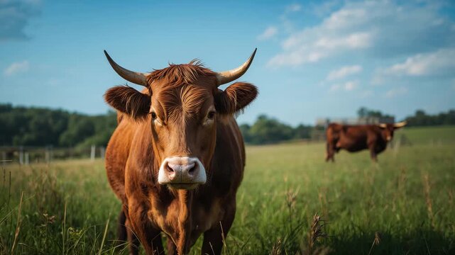 Brown cow standing in a green field grazing in soft natural light with distant cows and a blue sky showcasing rich textures and vivid colors throughout the video clip.