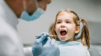 Child receiving a dental check up, dentist examining girl's teeth at clinic, providing oral hygiene care and health examination