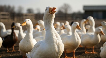Fototapeta premium A group of white fowl with orange beaks in a sunny outdoor setting