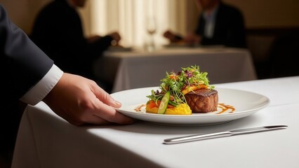 Culinary art at its Finest: A server presents a meticulously plated gourmet dish, showcasing culinary excellence amidst the elegant ambiance of a fine dining establishment. 