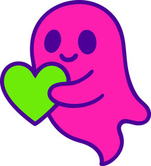 A cute neon-style pink ghost holding a bright green heart is illustrated with bold purple outlines in a playful spooky-cute design.
