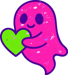 A neon pink ghost holding a bright green heart is illustrated in a spooky-cute style with bold purple outlines and distressed splatter texture.
