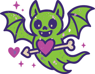 A neon green bat holding a pink heart pierced by a bone arrow is illustrated in a cute spooky-cute style with bold purple outlines and grunge splatter textures.