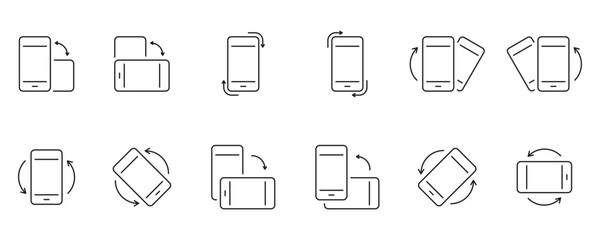 Smartphone Screen Rotation Icon Set. Mobile Phone Orientation Change With Arrows and Motion Indication Outline Symbol Collection. Editable Stroke. Isolated Vector Illustration
