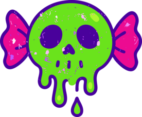 A neon green dripping skull candy with bright pink wrapper ends is illustrated in a bold spooky-cute style with distressed splatter texture and thick purple outlines.