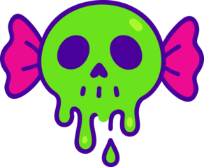  A neon green dripping skull candy with bright pink wrapper ends is illustrated in a bold spooky-cute style with thick purple outlines.