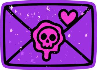 A grunge-textured purple envelope with a dripping pink skull wax seal and a small heart is illustrated in a bold spooky-cute neon style.