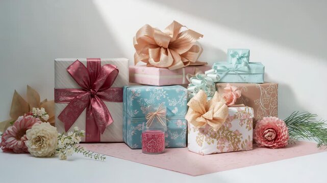 Elegant arrangement of beautifully wrapped gifts in pastel colors with decorative bows showcased on a textured surface complemented by soft natural light and floral accents