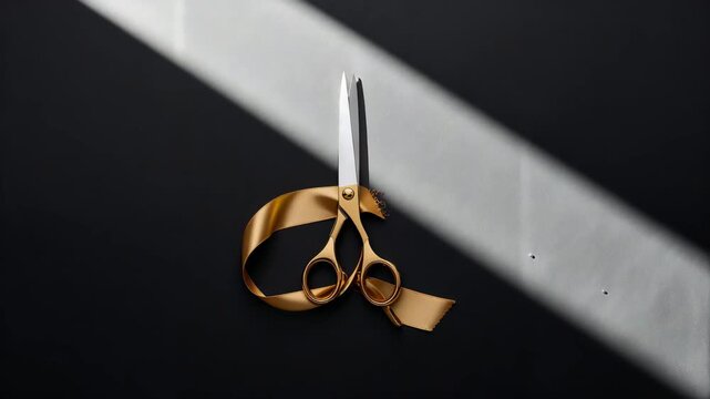Close-up of golden scissors with ribbon on smooth black surface reflecting warm light during transitional phases of cutting action through changing colors and shadows