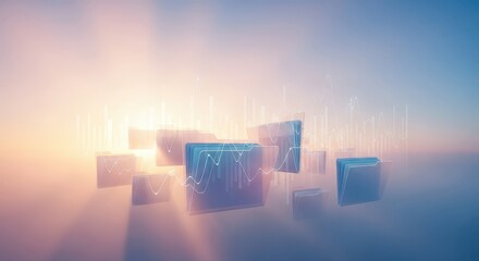 Abstract Cubes with Waves: A modern visual exploration featuring crystalline cubes suspended amidst a backdrop of atmospheric light and subtle wave patterns, evoking concepts of data, technology.