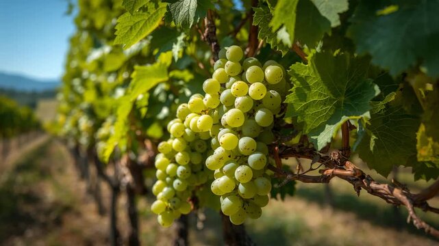 Close-up of clusters of ripe green grapes hanging on vines in a sunlit vineyard with lush green leaves against a blurred landscape backdrop showcasing vibrant colors and clear blue sky