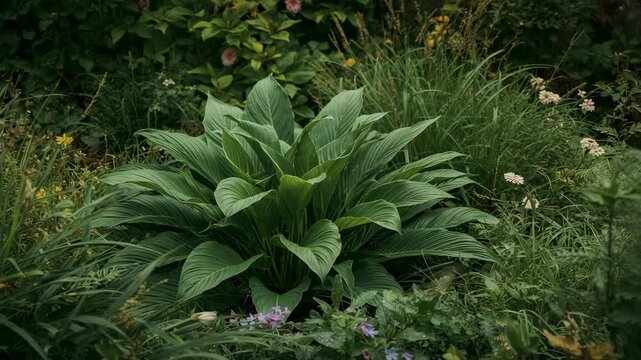 Lush green hosta plant with broad leaves thriving in a vibrant garden setting captured from beginning to end under soft natural light showcasing rich textures and harmonious colors.