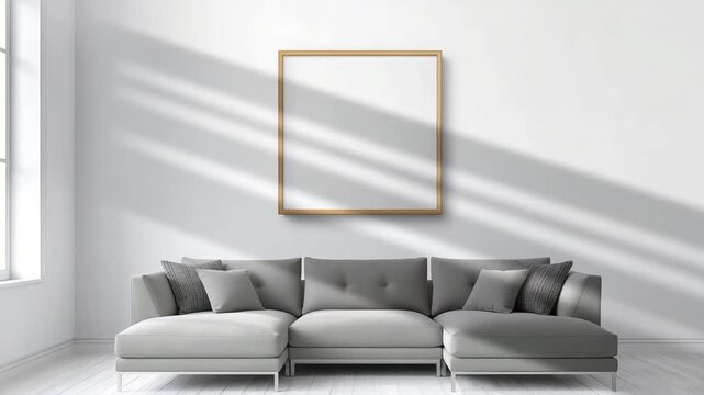 Minimalist living room interior with gray sectional sofa and large blank frame on wall showcasing natural light from window and subtle shadow patterns across wooden floor