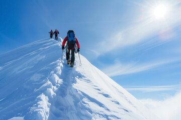 group of climbers climbs a high mountain covered snow