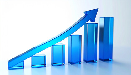 Sleek blue translucent bars forming graph with bold blue upward arrow, white backdrop.