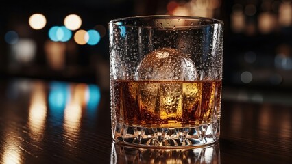 Whiskey on the Rocks: A captivating close-up of a glass of amber whiskey, elegantly showcasing a large spherical ice cube, reflecting the warm glow of the bar's ambiance.