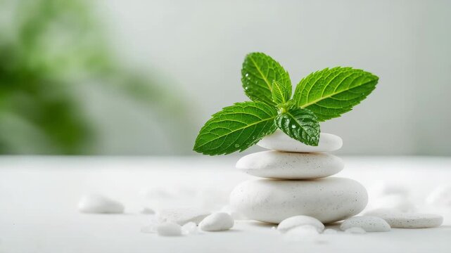 Close-up of stacked smooth white stones with a fresh green mint leaf on top placed on a light surface featuring soft natural light minimalistic composition and blurred background foliage