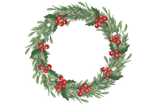 Meticulously detailed watercolor christmas wreath of rosemary and mistletoe leaves with vibrant scarlet berries, isolated on a clean white background with ample copy space. concept of traditional