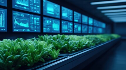 A futuristic indoor farm with vibrant green lettuce, surrounded by digital screens displaying data and analytics.