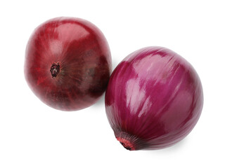Fresh red onion bulbs isolated on white, top view
