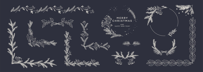 Christmas frames, corners, borders with fir branches, berries, leaves, poinsettia, holly, snowflakes. Winter floral decor. Hand drawn vector illustration in a sketch style
