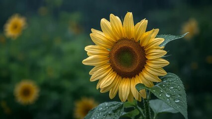 Close-up of vibrant sunflower flowers with droplets of water blooming in soft natural light against a blurred green garden background during a gentle rain showcasing bright yellow petals and rich