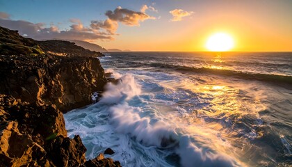 A coastal scene at sunset displays crashing waves against rocky cliffs under a golden, radiant sky. Sunlight bathes the water