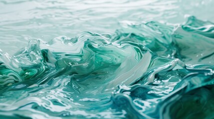 Abstract background of green and white liquid paint mixing. Fluid art texture with swirling waves in motion. Modern creative wallpaper concept