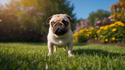 Charming pug dog walking through a sunlit garden filled with colorful flowers showcasing its playful nature against a vibrant backdrop of bright yellow and pink blooms
