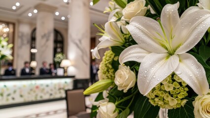 Elegant Floral Reception: Luxurious white lilies and roses form a stunning floral arrangement, gracing the front desk of a sophisticated hotel reception area. 
