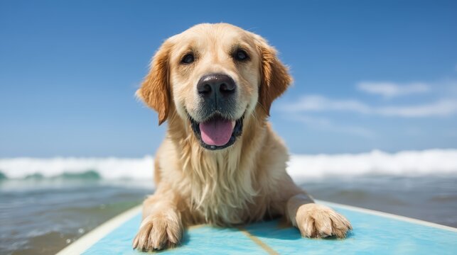 A cheerful golden retriever rests on a surfboard, enjoying a sunny day at the beach with waves in the background. - Powered by Adobe