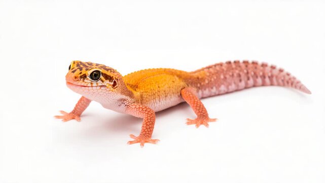 Close-up of a vibrant orange and pink leopard gecko exploring a bright white background with sharp details highlighting its textured skin small claws and distinctive pattern throughout the clip