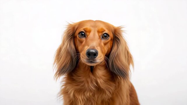 Close-up of a fluffy golden dachshund with long fur staring expressionlessly against a plain white background in three stages showcasing various facial expressions and eye movements