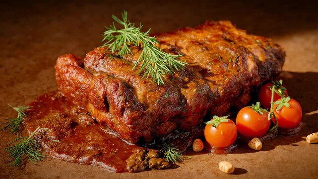 Succulent roasted meatloaf garnished with fresh herbs and cherry tomatoes glistening in rich sauce placed on a textured brown surface with warm natural lighting enhancing colors and details