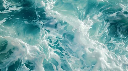 Close-up of churning turquoise sea water. Abstract background of ocean waves and white foam. Powerful and energetic liquid motion texture