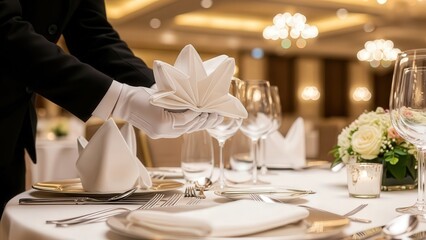 Fine Dining Table Setting: A professional waiter delicately arranges a meticulously set table, showcasing elegance and sophistication. The scene hints at a luxurious dining experience.